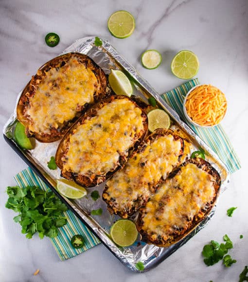 Cheesy Chicken Enchilada Stuffed Spaghetti Squash - Seasoned Sprinkles