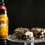 A plate of Kahlua brownies set into a text box reading easy Kahlua Brownies