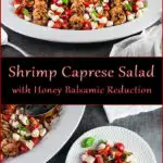 shrimp caprese salad served on two white plates