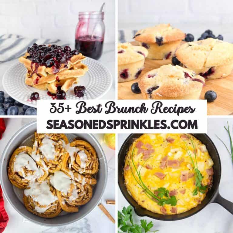 a collage of 4 images (waffles with blueberry compote, blueberry muffins, apple pie cinnamon rolls, and ham and cheese frittata) around text that reads 35+ best brunch recipes