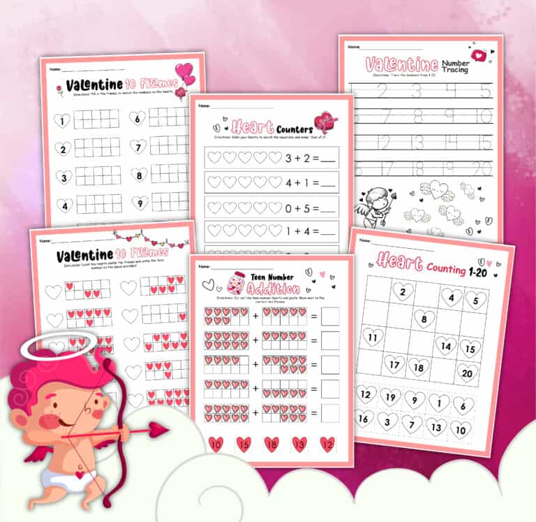 6 Valentine's Day math worksheets perfect for kindergarten on a pink background