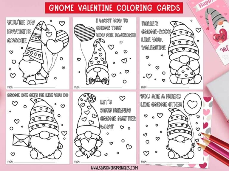 A collage of Valentines Gnomes Coloring Cards on a pink background