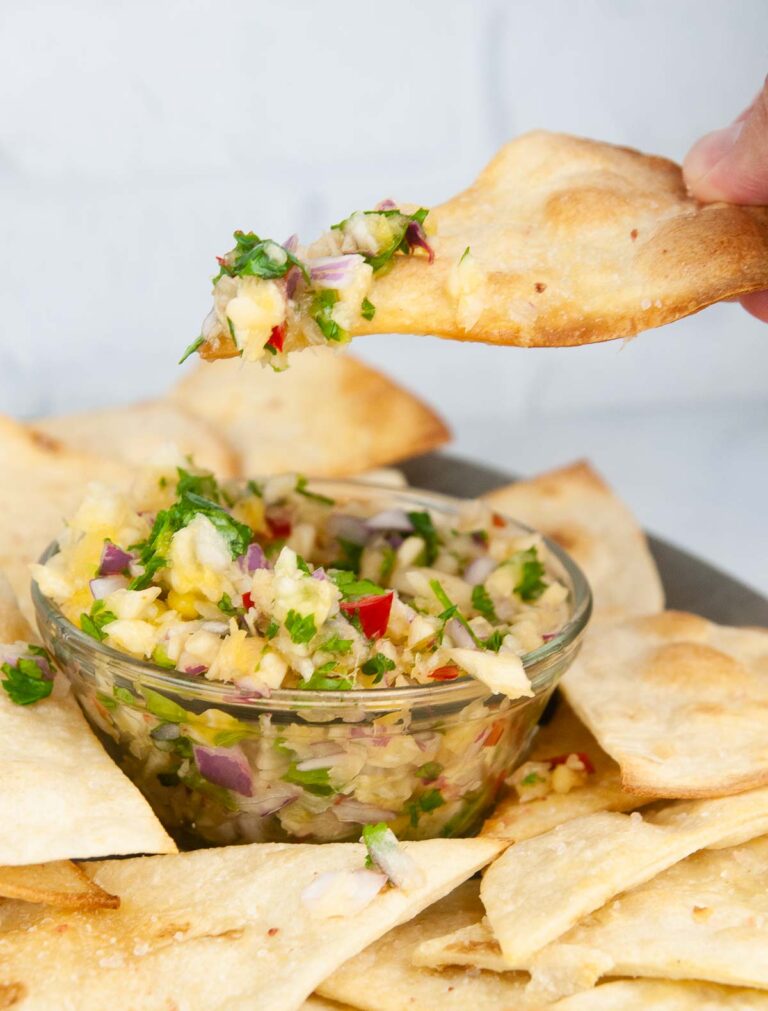 Pineapple mango salsa makes a yummy dip for chips or topping for tacos, grilled chicken, and fish.