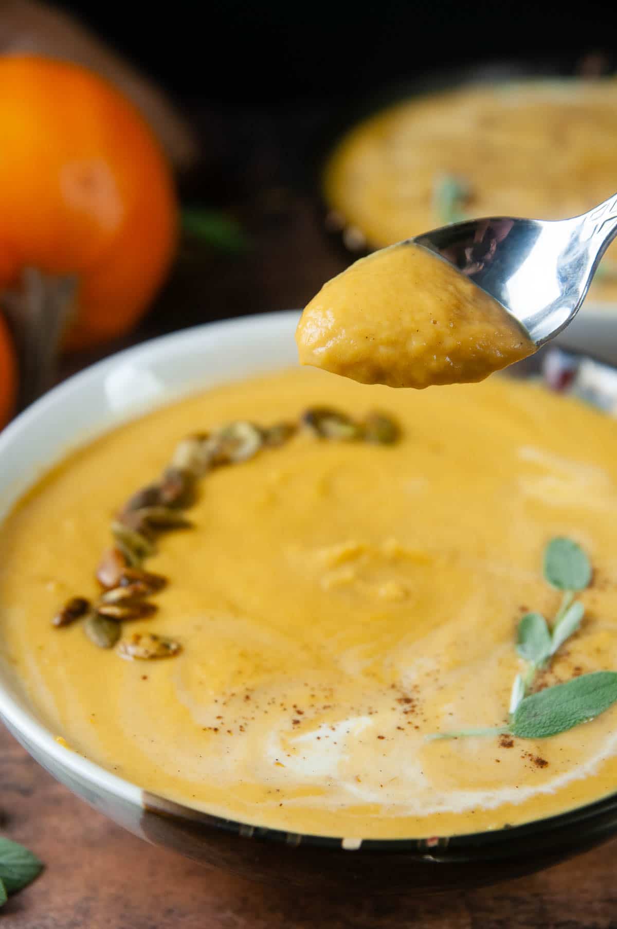 Sweet Potato Pumpkin soup is a delicious starter for Thanksgiving or a yummy fall dinner