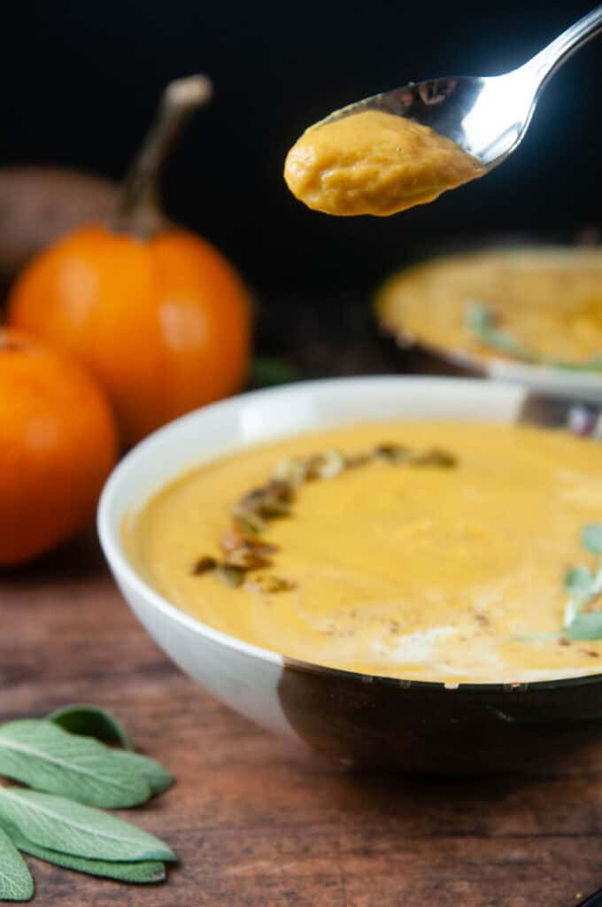 Sweet Potato Pumpkin soup is a delicious starter for Thanksgiving or a yummy fall dinner