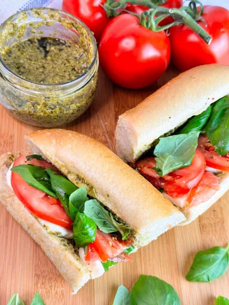 A caprese baguette sandwich with pesto is a delicious and easy lunch or dinner