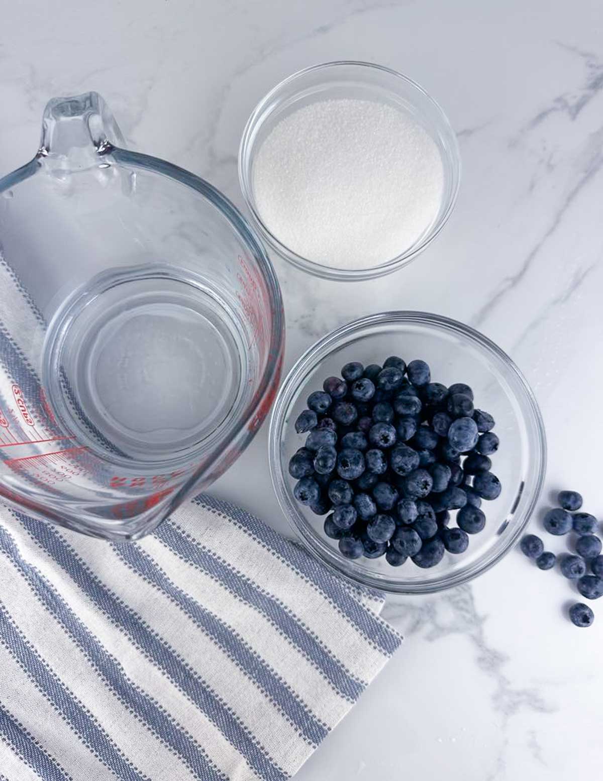 Ingredients for blueberry simple syrup: water, sugar, blueberries