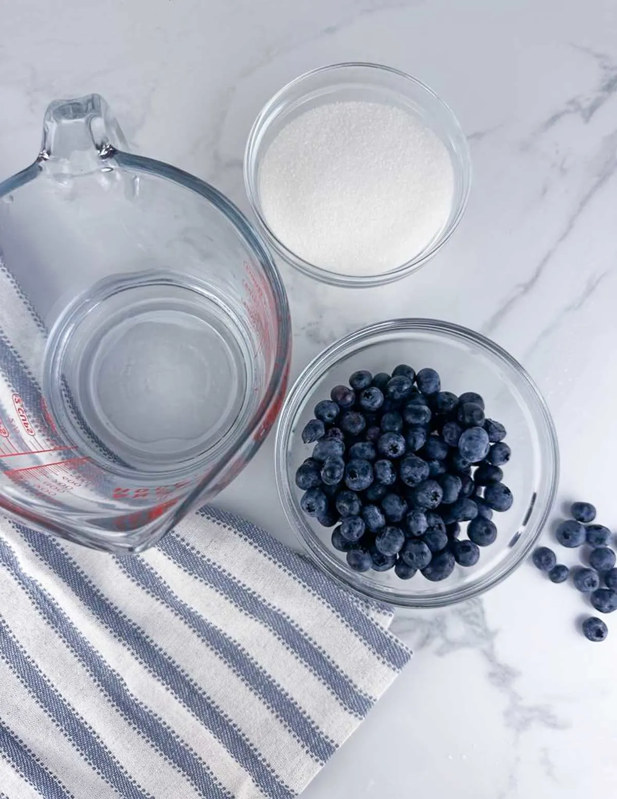 Ingredients for blueberry simple syrup: water, sugar, blueberries