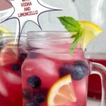 a photo of 2 glasses of blueberry vodka lemonade cocktails garnished with lemon wedges, blueberries, and mint in a text box reading blueberry lemonade cocktail with vodka and limoncello