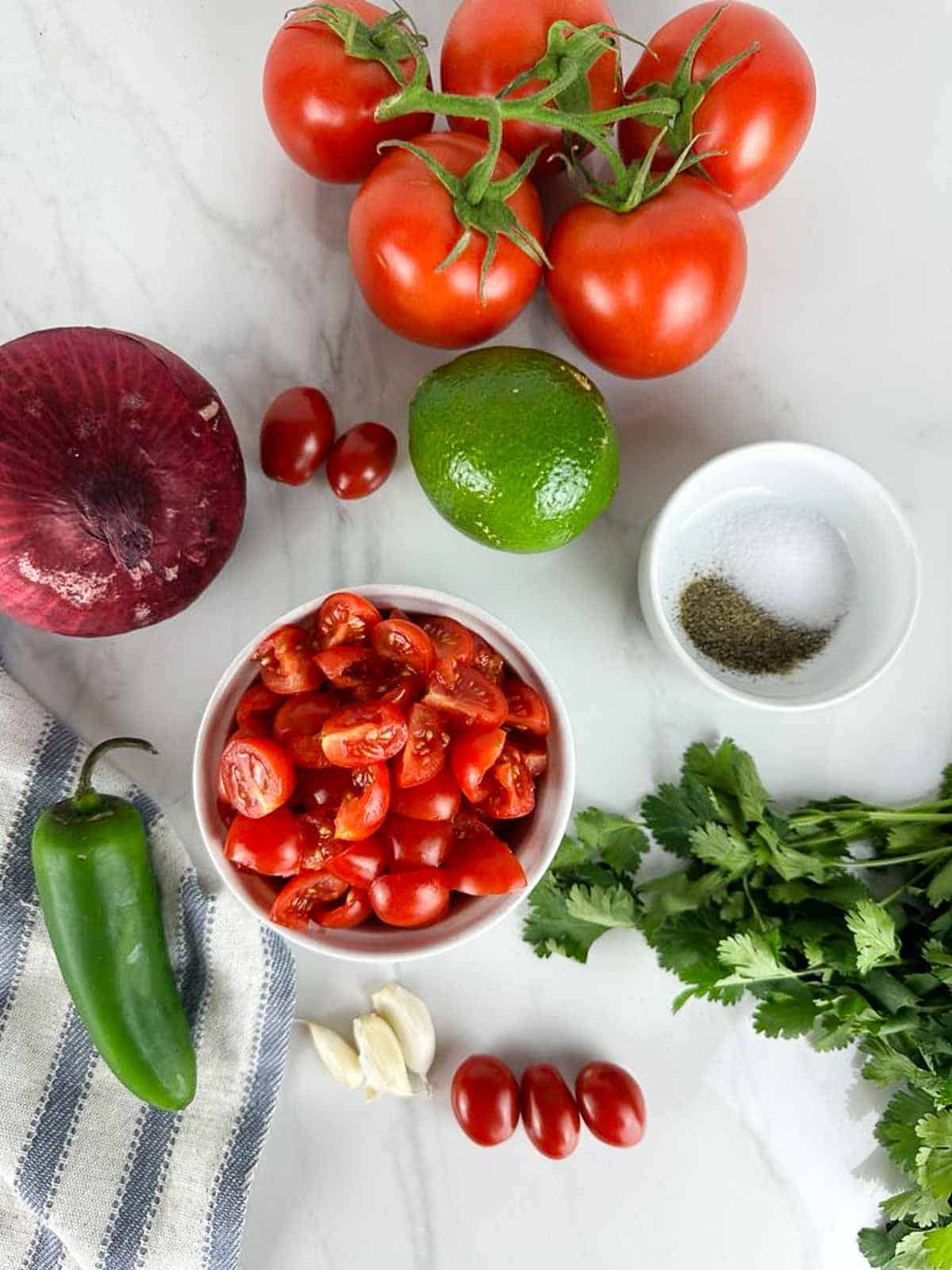 Ingredients for Fresh Tomato Salsa: Tomatoes, Lime Juice, Garlic, Red Onion, Jalapeno, Cilantro, Salt and Pepper