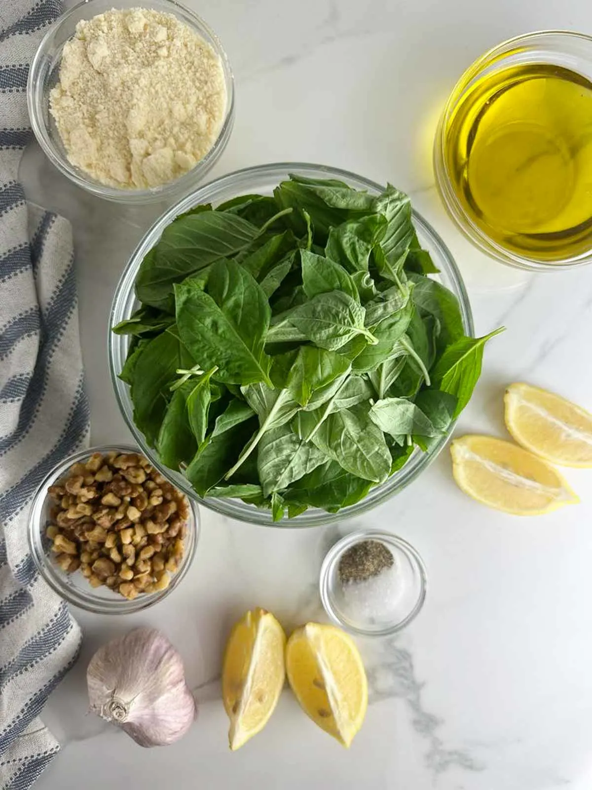 Ingredients for Lemon Pesto Sauce: Basil, Walnuts, Parmesan Cheese, Olive Oil, Garlic, Lemon Juice, Salt and Pepper