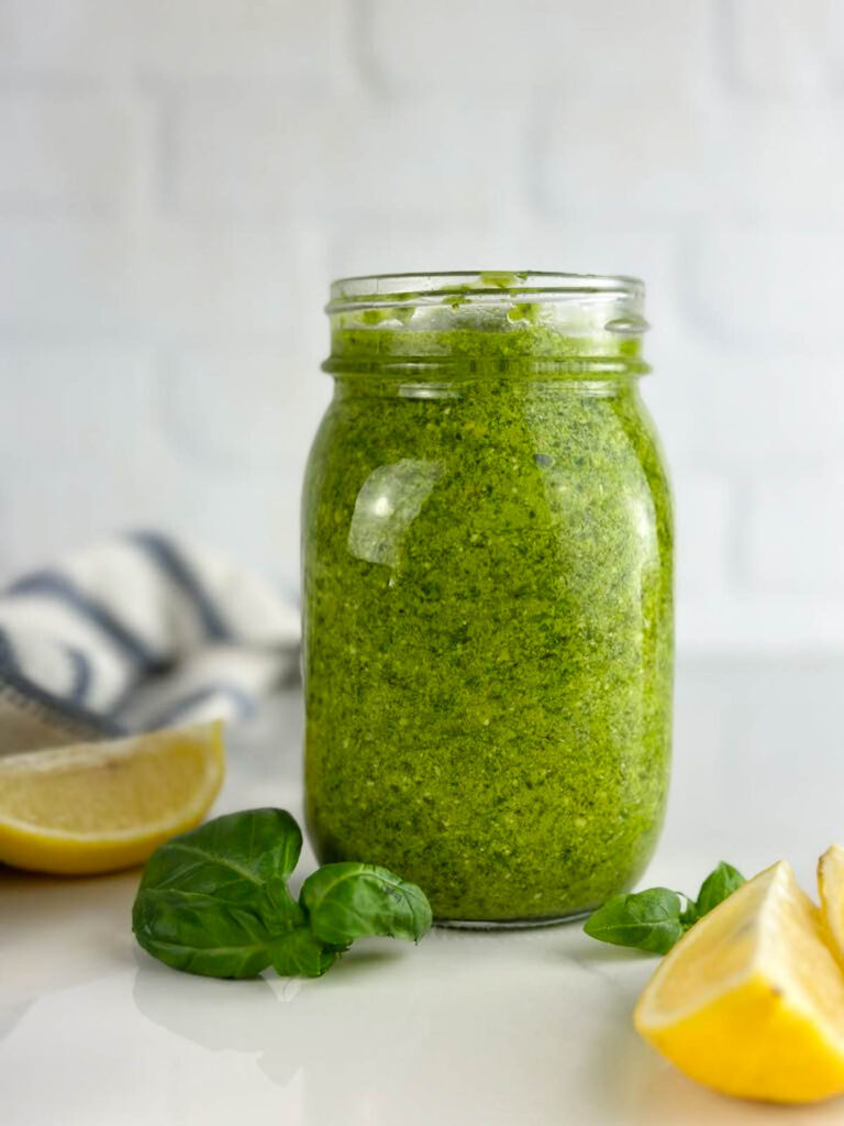 A jar of homemade lemon pesto sauce