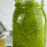 A photo of a jar of lemon pesto sauce set into a text box that says lemon pesto sauce