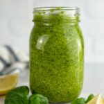 a photo a jar of lemon pesto sauce set into a text box that says lemon pesto sauce