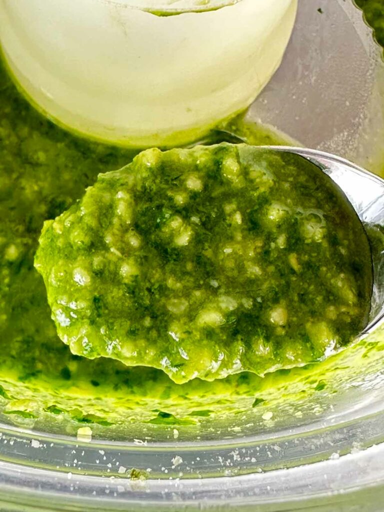 a spoonful of pesto alla Genovese with the olive oil streamed in until it reaches your desired consistency