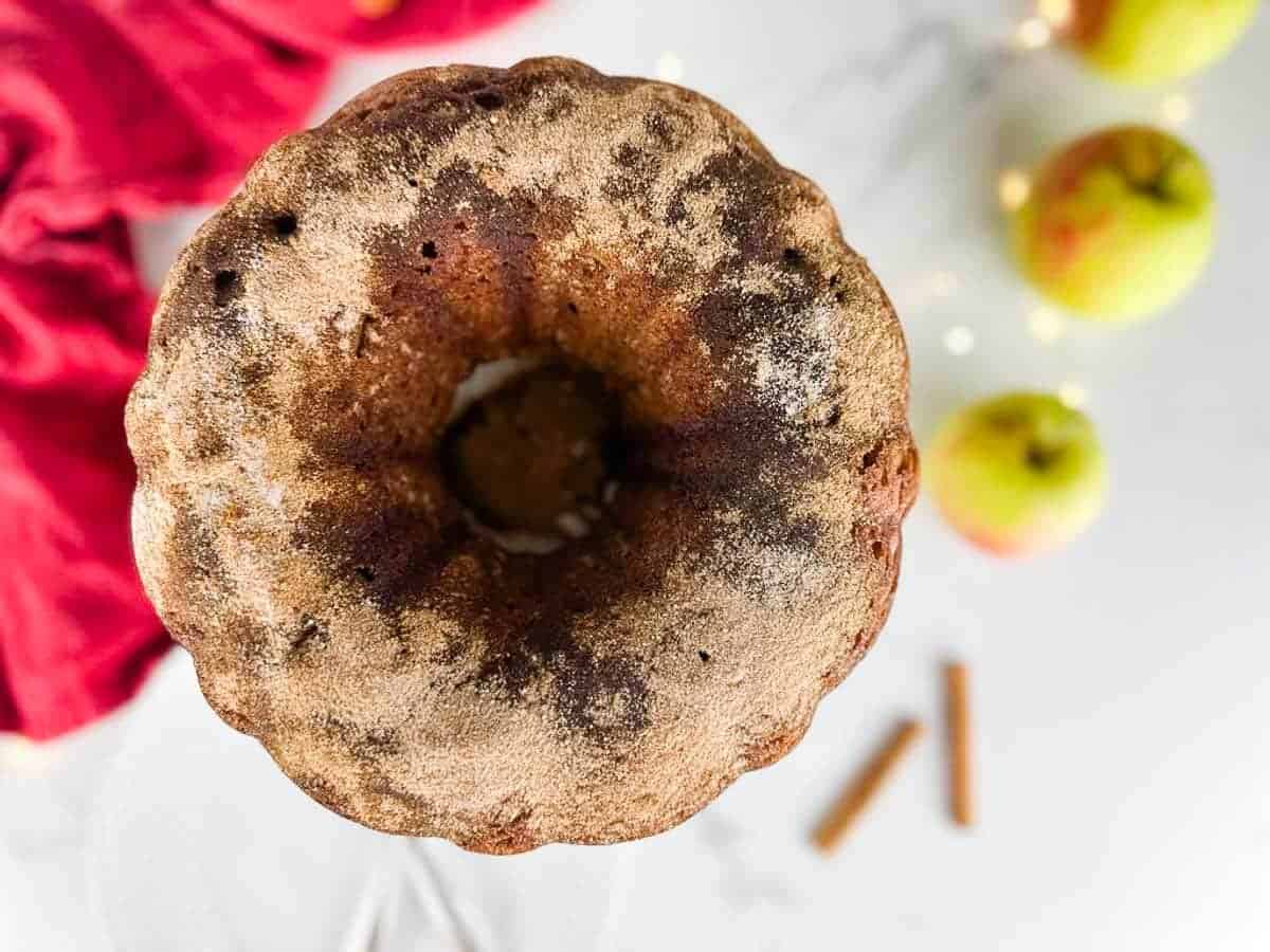 Apple cider donut cake dusted with cinnamon sugar