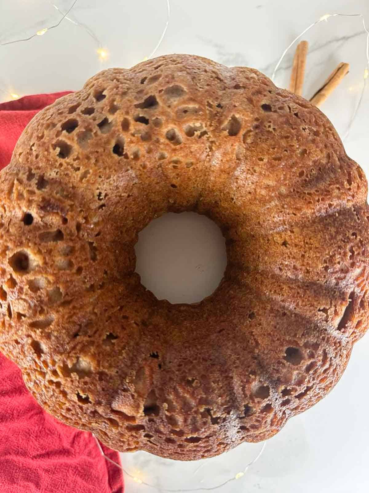 The apple cider bundt cake after you turn it out of the bundt pan