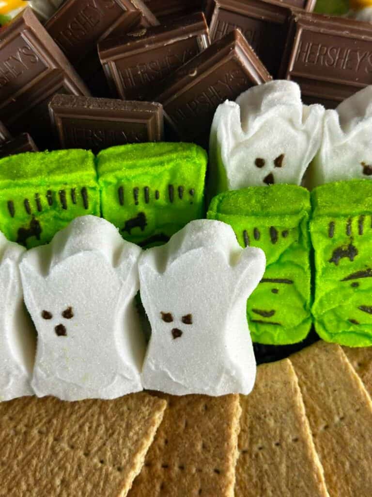 Ingredients for Halloween S'mores: Graham Crackers, Halloween Peeps, Hershey's Bars