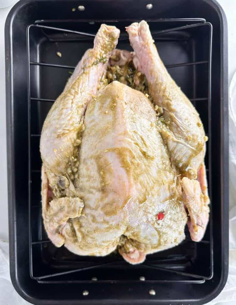 Butter, garlic, and spices rubbed turkey for convection oven roasting.