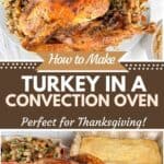 Collage of images showing roasted turkey from a convection oven along with popular sides of stuffing, cornbread, and gravy.