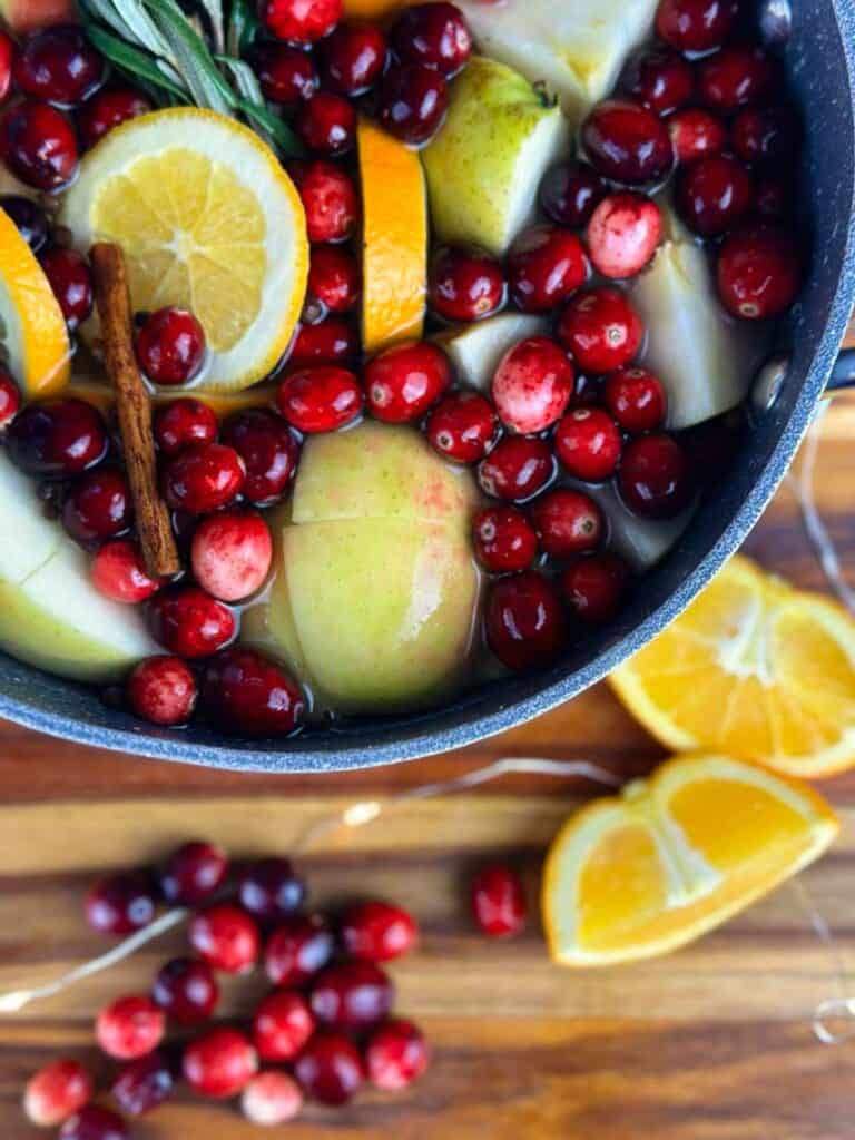 A Christmas simmer pot with extra oranges and cranberries around it