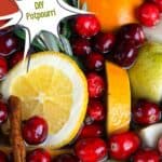 A photo of a blend of cranberries cinnamon sticks, fresh herbs, and oranges in water to make a christmas simmer pot set into a text box reading christmas simmer pot DIY potpourri