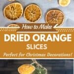 A photo of mini Christmas tree decorated with oven dried orange slice ornaments set into a decorative text box that read dried orange slice ornaments