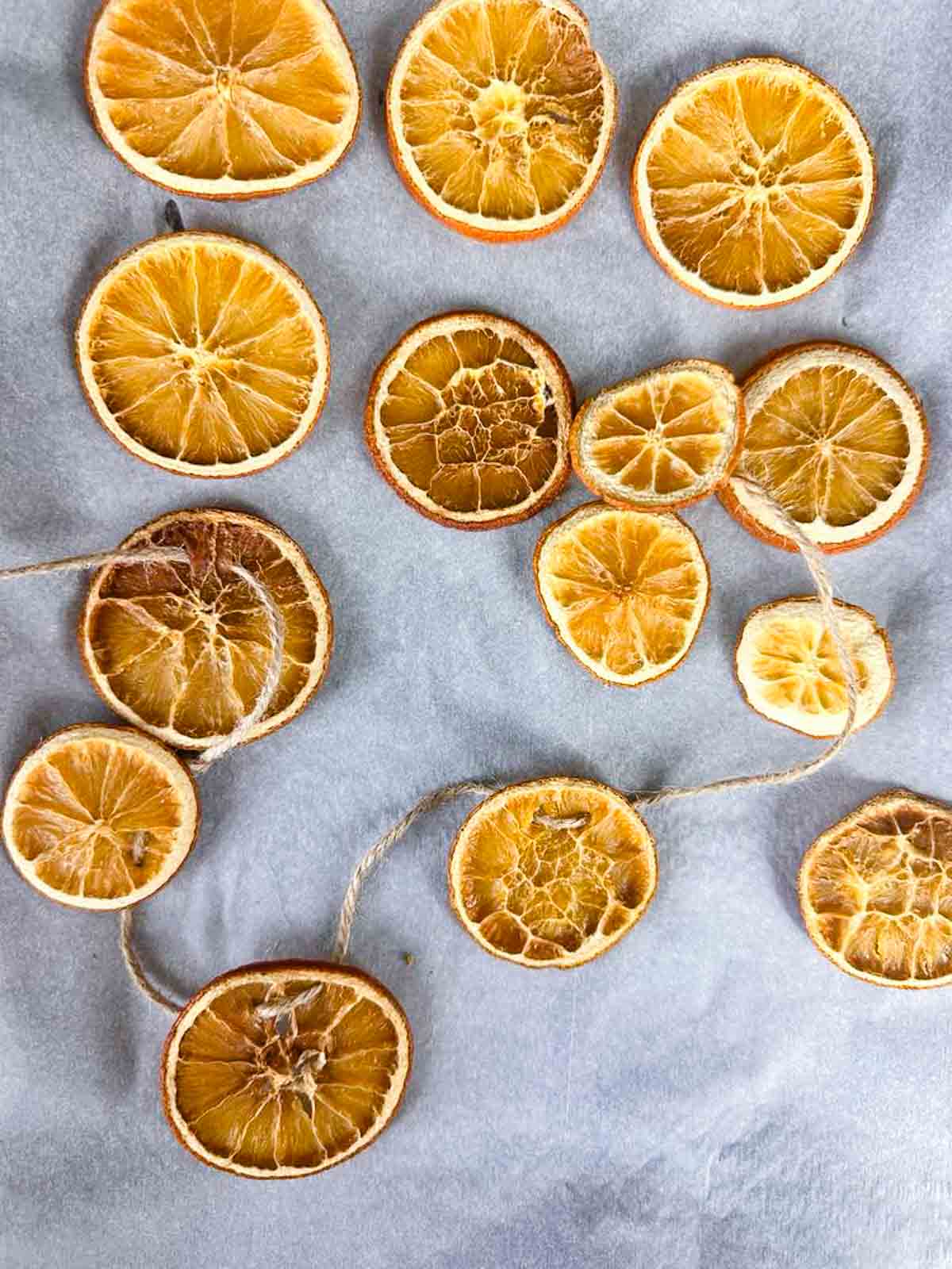 Dried orange slices being strung into a garland