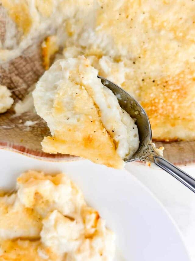 a spoonful of cheesy twice baked potato casserole