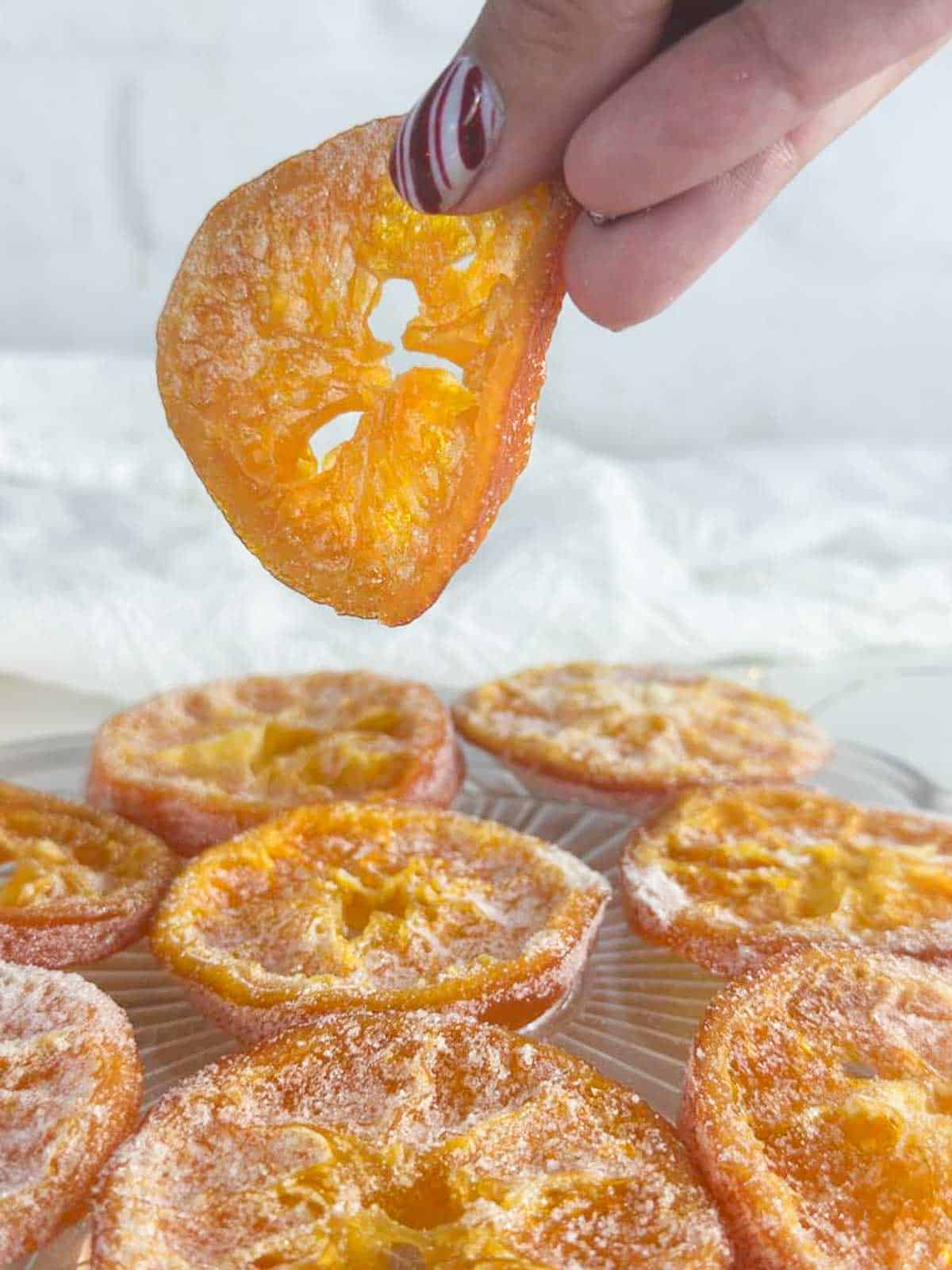 Holding a dipped candied orange slice over a plate of more sugar dipped candied orange slices and twinkle lights.