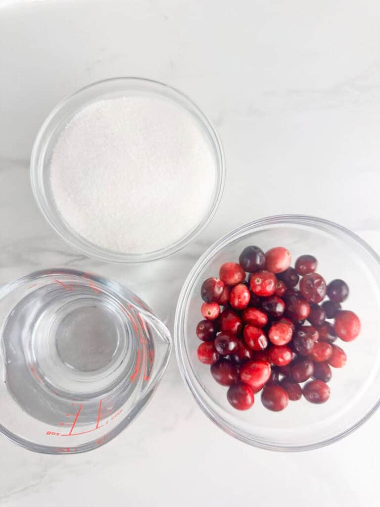 Ingredients for cranberry simple syrup in seperate containers: water, sugar, and cranberries.