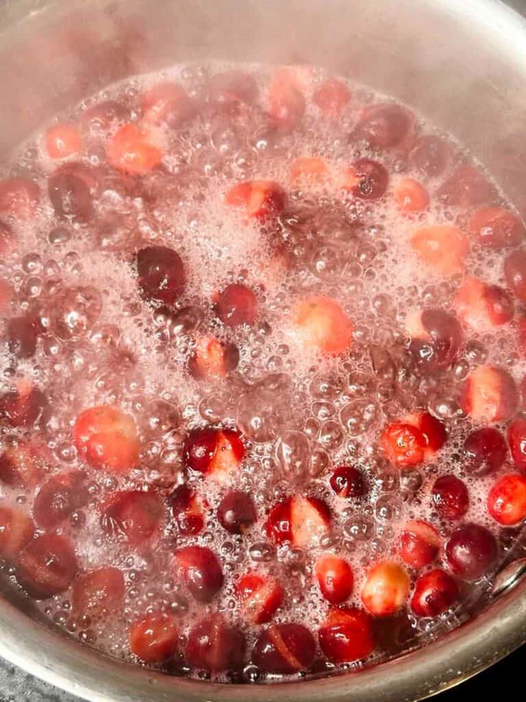 Boiling pot of water, sugar, and cranberries.