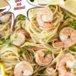 A photo of easy shrimp scampi in a pan set into a text box that reads easy shrimp scampi