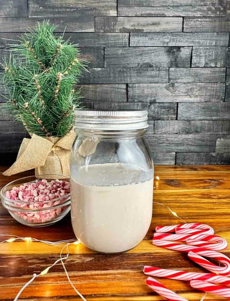 A mason jar of peppermint mocha coffee creamer