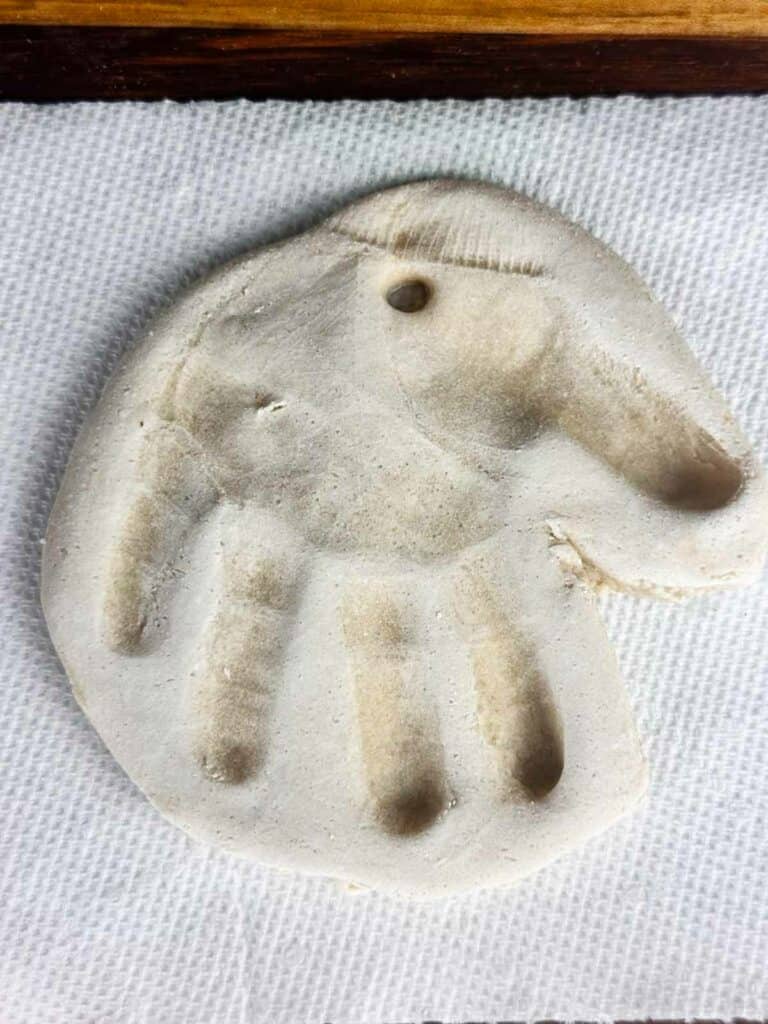 Baked salt dough ornament handprint.