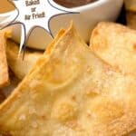 A photo of homemade tortilla chips on a plate with dip set into a decorative text box that reads homemade corn tortilla chips baked or air fried