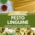 A photo of the ingredients for pesto pasta and a photo of close up of pasta al pesto collaged together around a decorative text box reading easy pesto linguine yummy quick pasta dinner