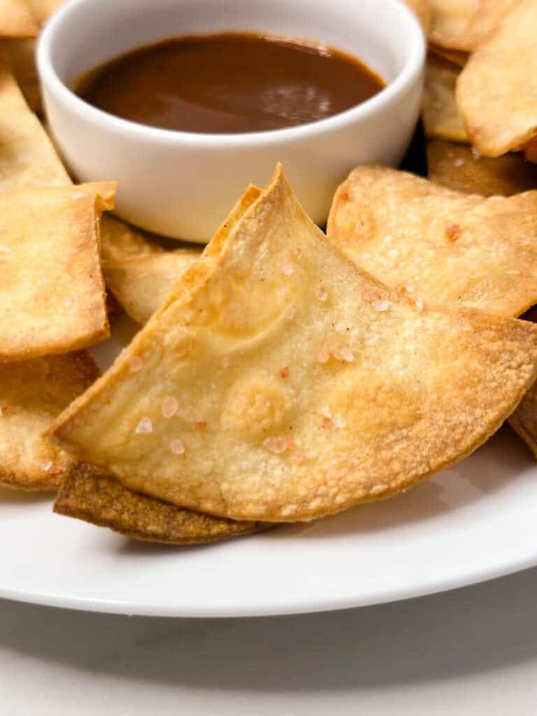 Homemade corn tortilla chip with coarse salt and a dipping sauce.