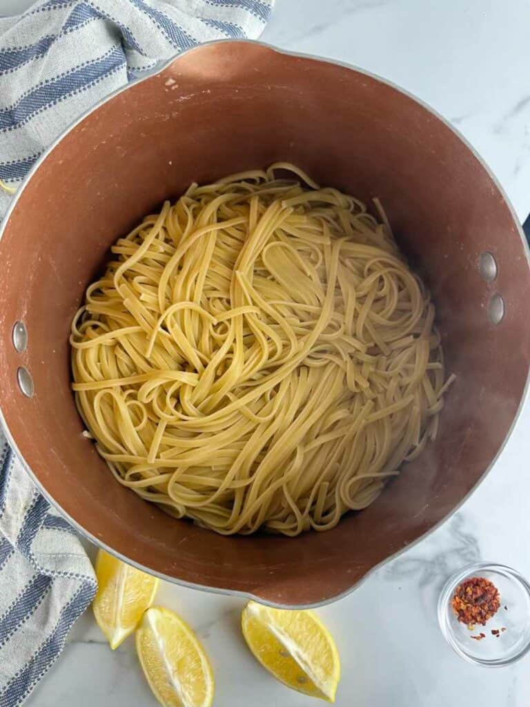 Cooked Linguine in a pot