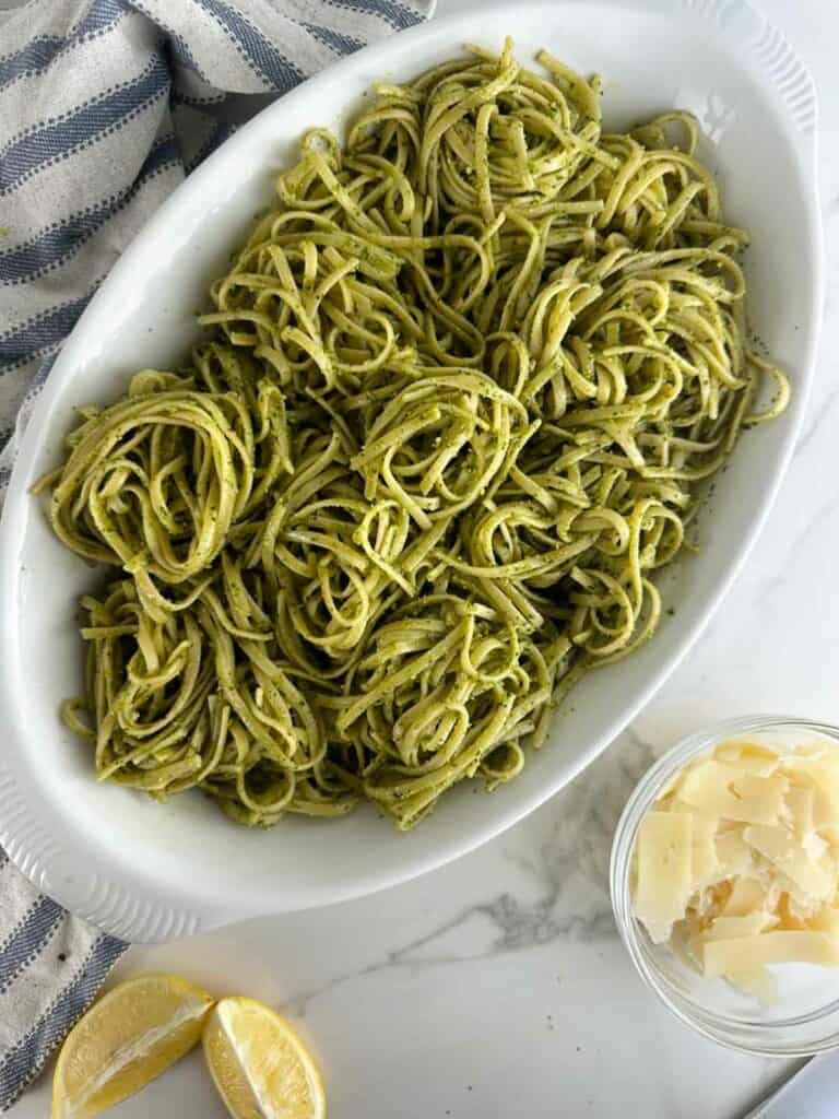 Pasta al pesto in a serving dish