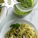 A photo of pasta al pesto set into a decorative text box that reads pasta al pesto easy dinner idea