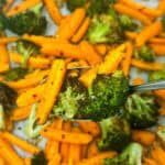 Spoonful of roasted broccoli and carrots.