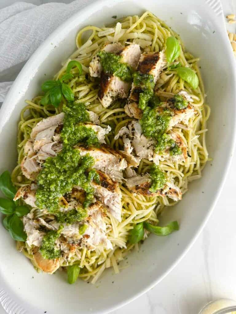 Add more pesto to the chicken spaghetti pesto