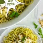 A photo of a plate of chicken spaghetti pesto set into a decorative text box that reads chicken spaghetti with pesto