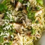 A photo of a plate of chicken spaghetti pesto set into a decorative text box that reads chicken spaghetti pesto