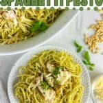 A photo of a plate of chicken spaghetti pesto set into a decorative text box that reads chicken spaghetti pesto