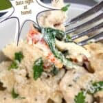 a photo of marry me chicken pasta set into a decorative text box that says marry me chicken pasta date night at home