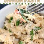 a photo of a skillet of marry me chicken pasta with a decorative text box that reads marry me chicken pasta