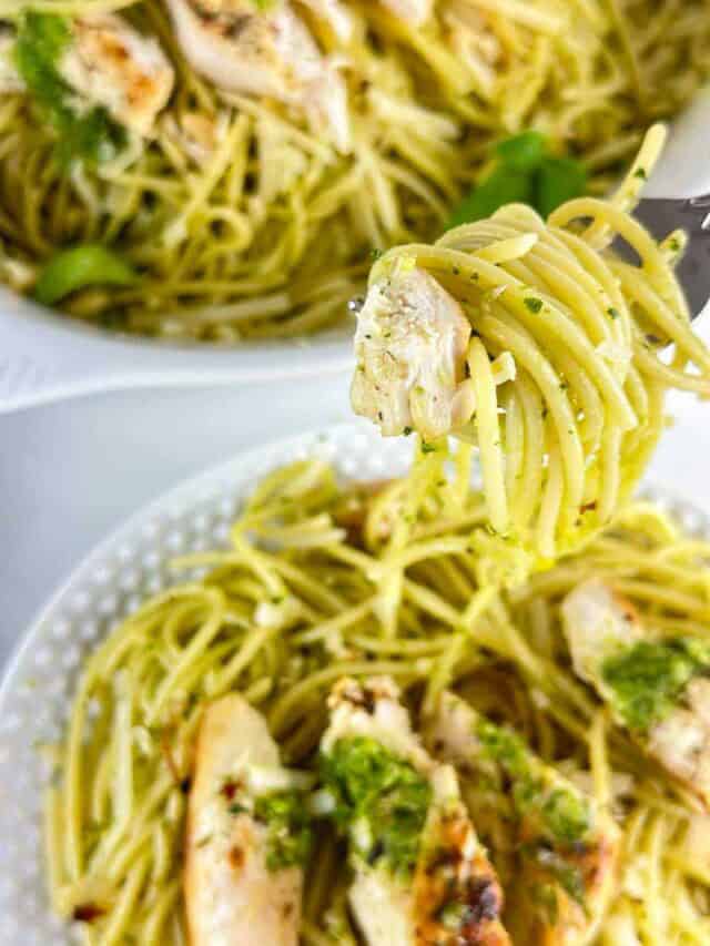 a forkful of chicken spaghetti pesto