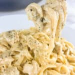 Plate of creamy chicken and pasta next to a small bowl of shredded parmesan cheese, and the skillet it was cooked in. Fork in foreground holding the chicken and pasta.